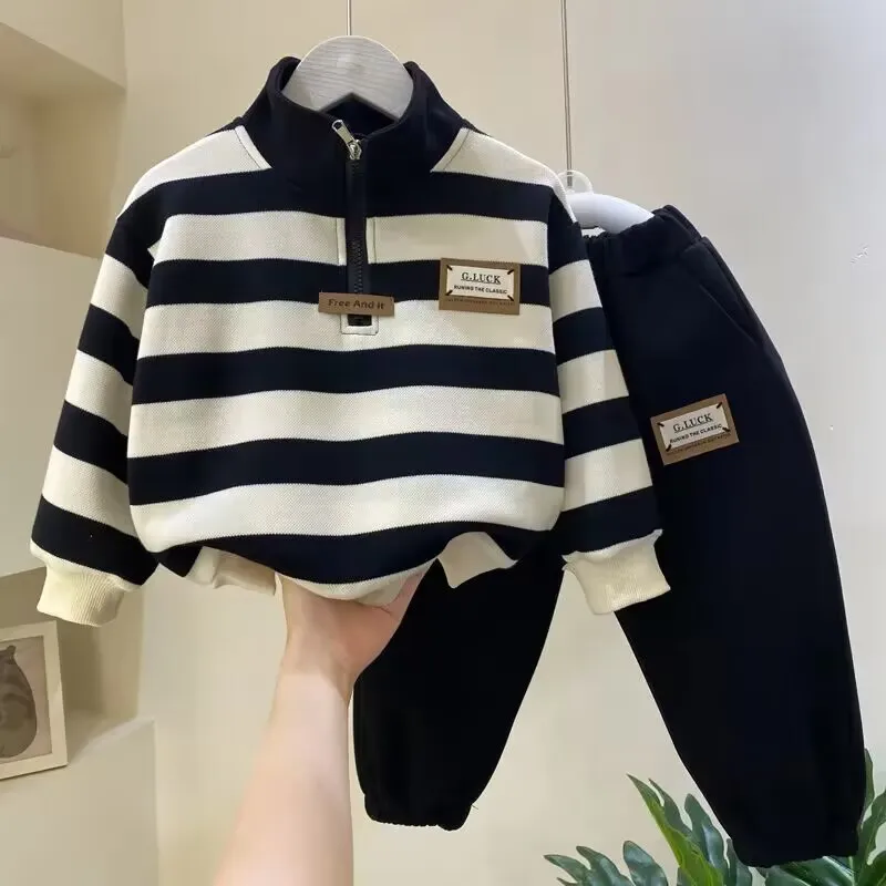 Top Trends: Boy And Girl Autumn Sweater Set New Spring Handsome Children&#039;s Baby Casual Stripe Top Pants Two Piece Kids Clothing Set Shoppable Styles