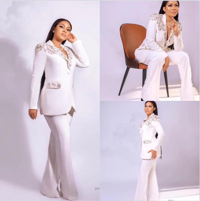 Top Trends: Crystal Wedding Women Suits Set Jacket+ Pants 2 Pieces White Custom Made Blazer Formal Mother Of Guest Prom Dress Tuxedo Shoppable Styles