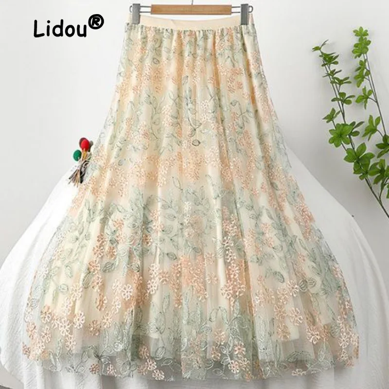 Top Trends: Heavy Industry Embroidery Mesh Skirt Half Skirt Women&#039;s Summer New High Waist Pleated Skirt Mid Length Large Swing A-line Skirt Shoppable Styles