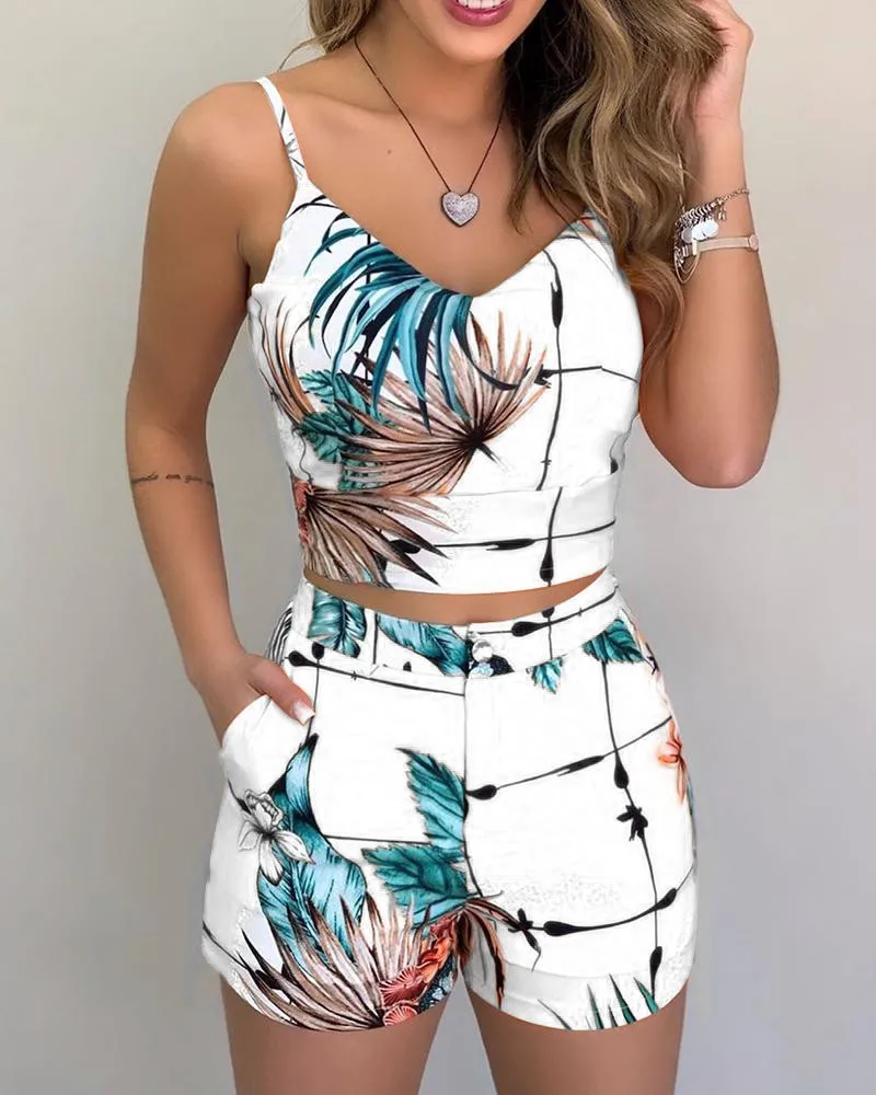 Top Trends: Women 2-piece Outfit Set Female High Waist Hot Shorts Pants Suit Summer Flower Printed Sleeveless V-neck Sling Blouse Shorts Set Shoppable Styles