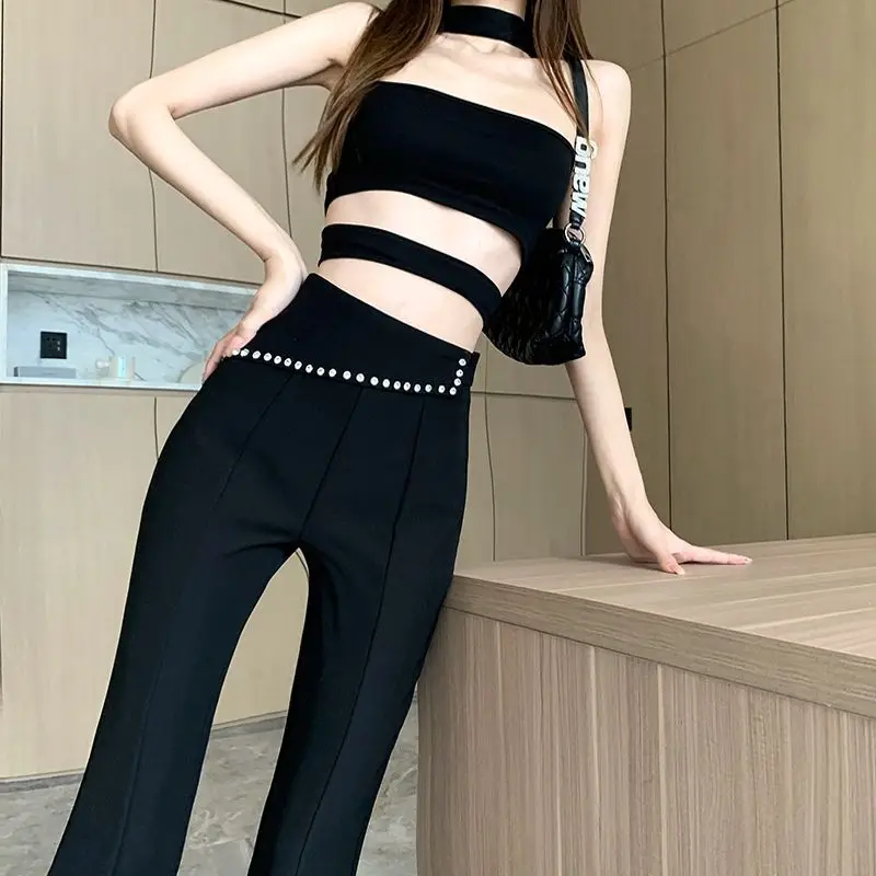 Top Trends: Korean Fashion Women Black Flare Pants Spring Autumn New Slim High Waist Streetwear Casual Split All-match Y2K Diamond Trousers Shoppable Styles - Image 4