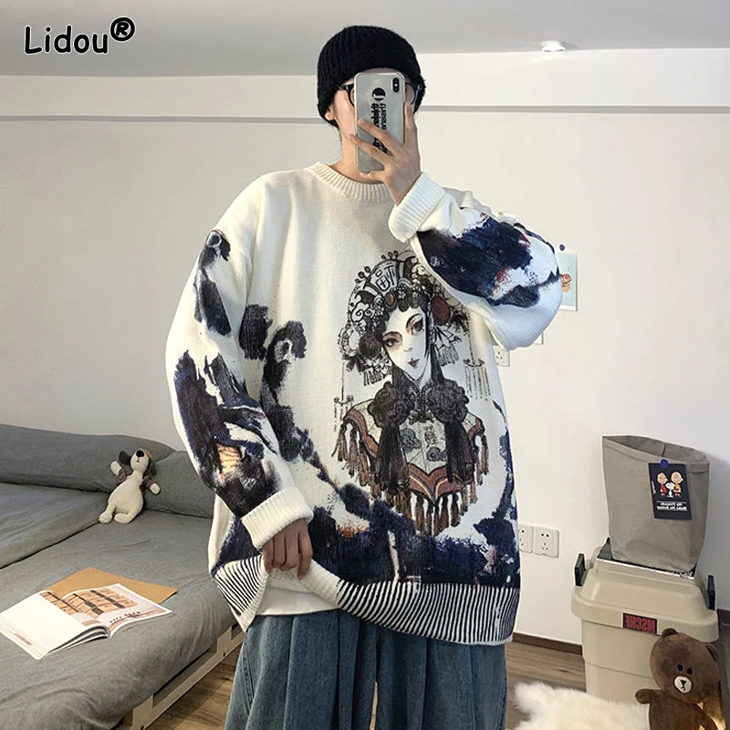 Top Trends: 2023 New Spring And Autumn Chinese Style Thread Round Neck Printed Loose Casual Versatile Fashion Men&#039;s Knitted Pullover Sweater Shoppable Styles