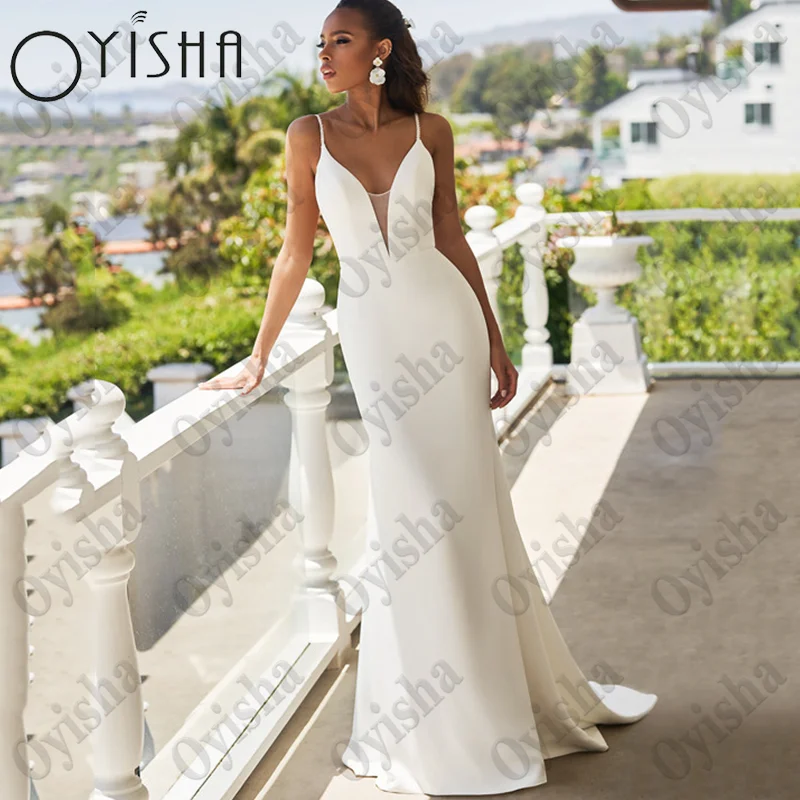 Top Trends: OYISHA Elegant V-Neck Satin Wedding Dresses Sleeveless Open Back Mermaid Vestido Novia Spaghetti Straps Floor Length Bridal Gown Shoppable Styles