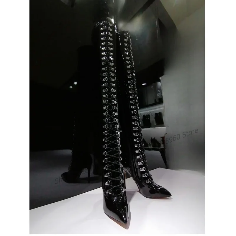 Top Trends: Black Cross-Tied Sexy Style Boots Thigh High Stilettos High Heel Women Shoes Side Zipper Pointed Toe 2023 Zapatos Para Mujere Shoppable Styles