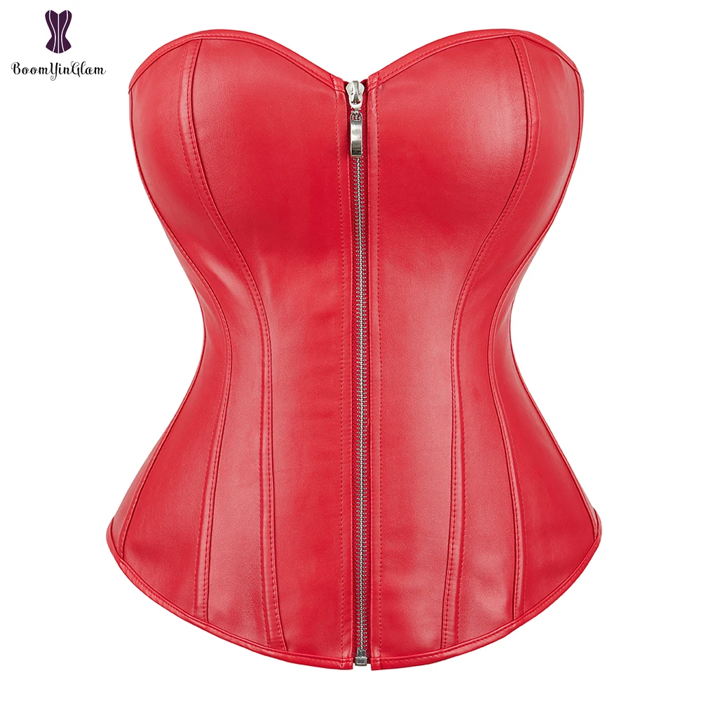 Top Trends: Leather Overbust Corset Zip Up Zipper Bustier Top Showgirl Night Clubwear Sexy Gothic Steampunk Gorset Plus Size Waist Shaper Shoppable Styles