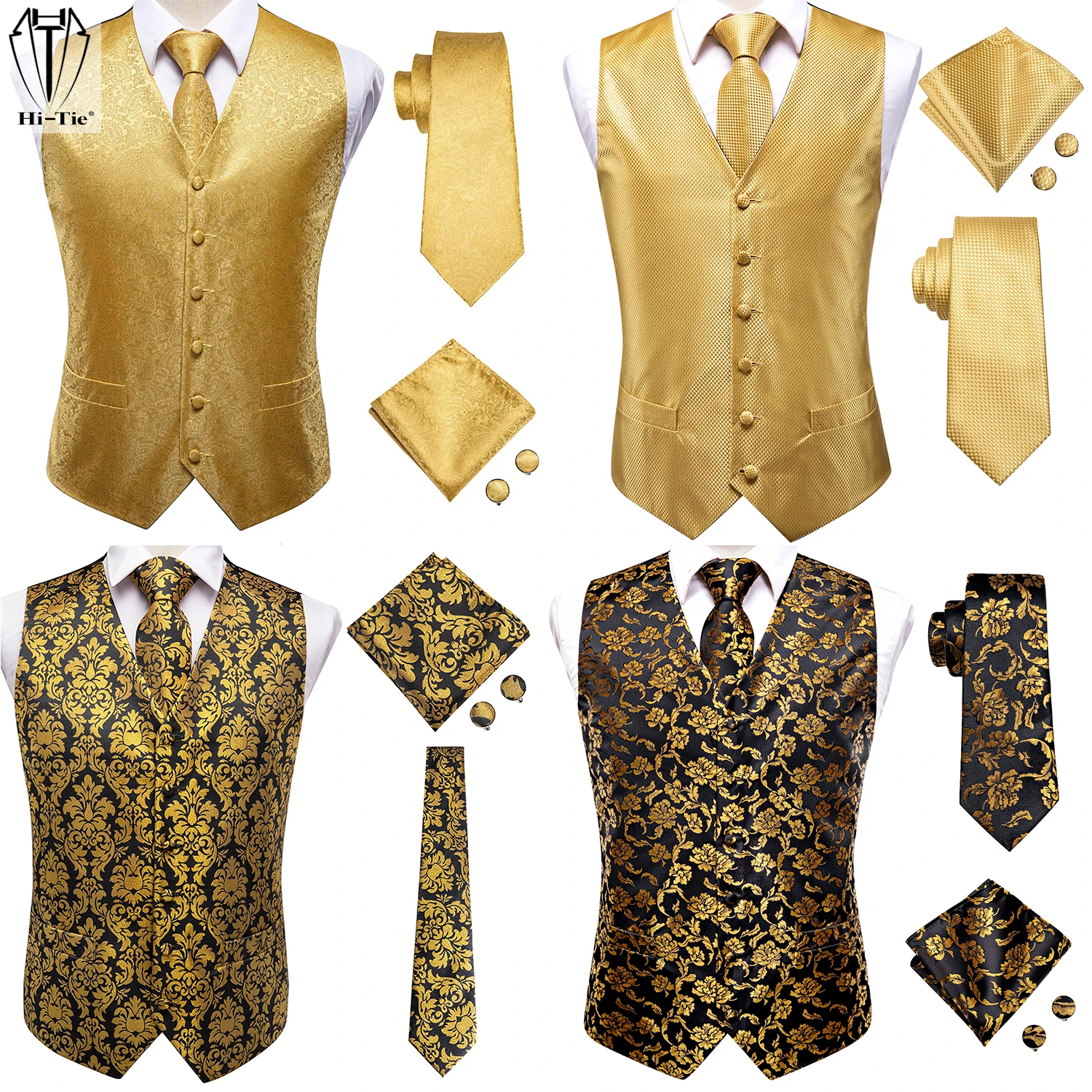 Top Trends: Hi-Tie Luxury Silk Mens Vests Gold Yellow Orange Waistcoat Jacket Tie Hankerchief Cufflinks For Men Dress Suit Wedding Business Shoppable Styles