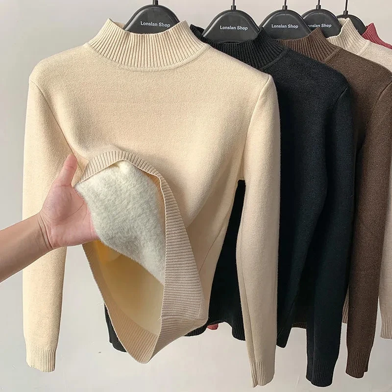 Top Trends: Vintage Turtleneck Winter Sweater Casual Knitted Pullovers Fashion Clothes Simple Fleece Lined Warm Knitwear Woman 2023 Base Top Shoppable Styles