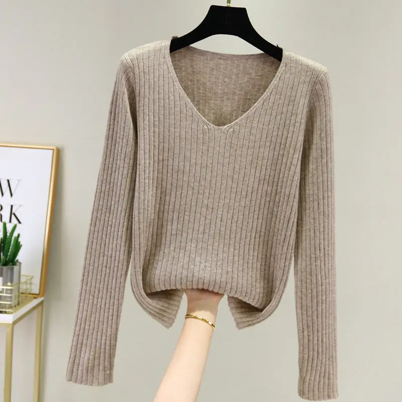 Top Trends: Korean Fashion Women Solid Slim V-neck Sweater Spring Autumn Versatile Bottoming Casual Long Sleeve Basic Knitted Pullovers Tops Shoppable Styles