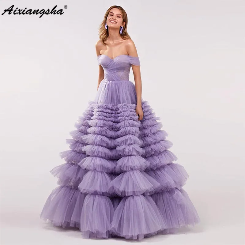 Top Trends: Aixiangsha Lavender Tiered Prom Dresses Sweetheart Off The Shoulder Ruffled Long Evening Dress Lace-up Wedding Party Gown 2023 Shoppable Styles