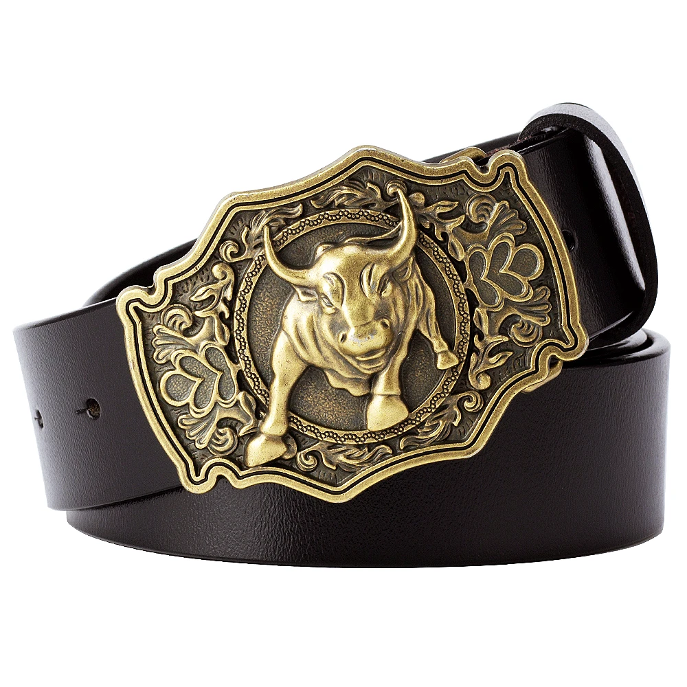 Top Trends: Men Cowboy Style Belt Copper Bull Sign Buckle Cow Skin Leather Rodeo Bullfight Riding Cattle Waistband Accessories Shoppable Styles