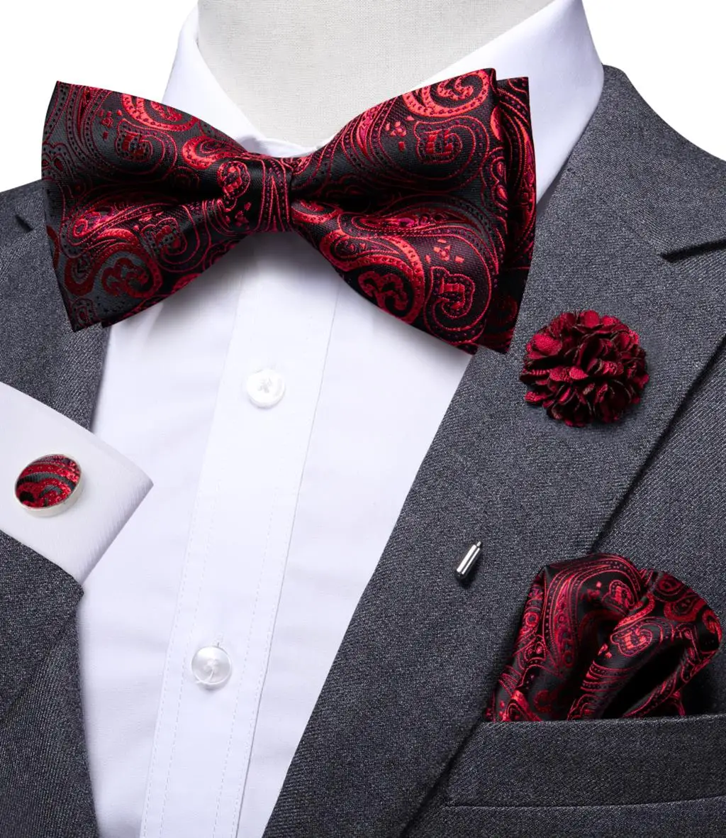 Top Trends: Hi-Tie Luxury Red Burgundy Silk Men&#039;s Bowtie Pocket Square Cufflinks Brooch Set Butterfly Knot Bow Tie For Men Wedding Groomsman Shoppable Styles