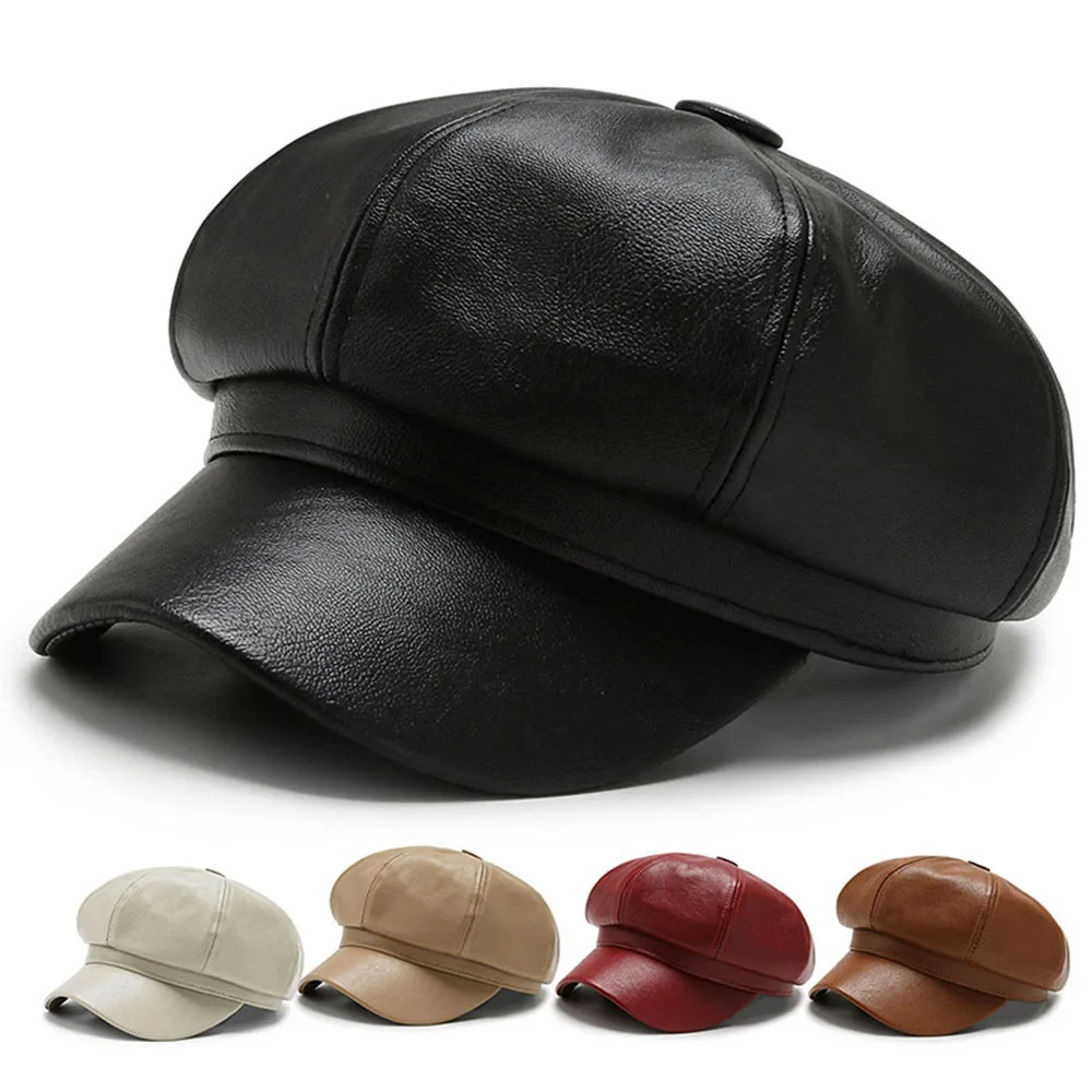 Top Trends: Beret Duck Tongue Cap Winter Hat PU Octagonal Cap Leather Cap Fashion Korean Version Female Short Eaves Classic Shoppable Styles