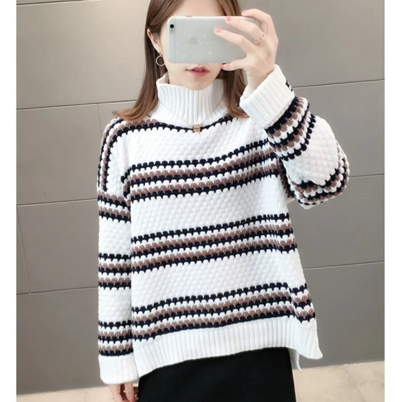 Top Trends: Women&#039;s Clothing Casual Fashion Versatile Commuting Autumn And Winter New High Collar Long Sleeved Temperament Striped Pullover Shoppable Styles