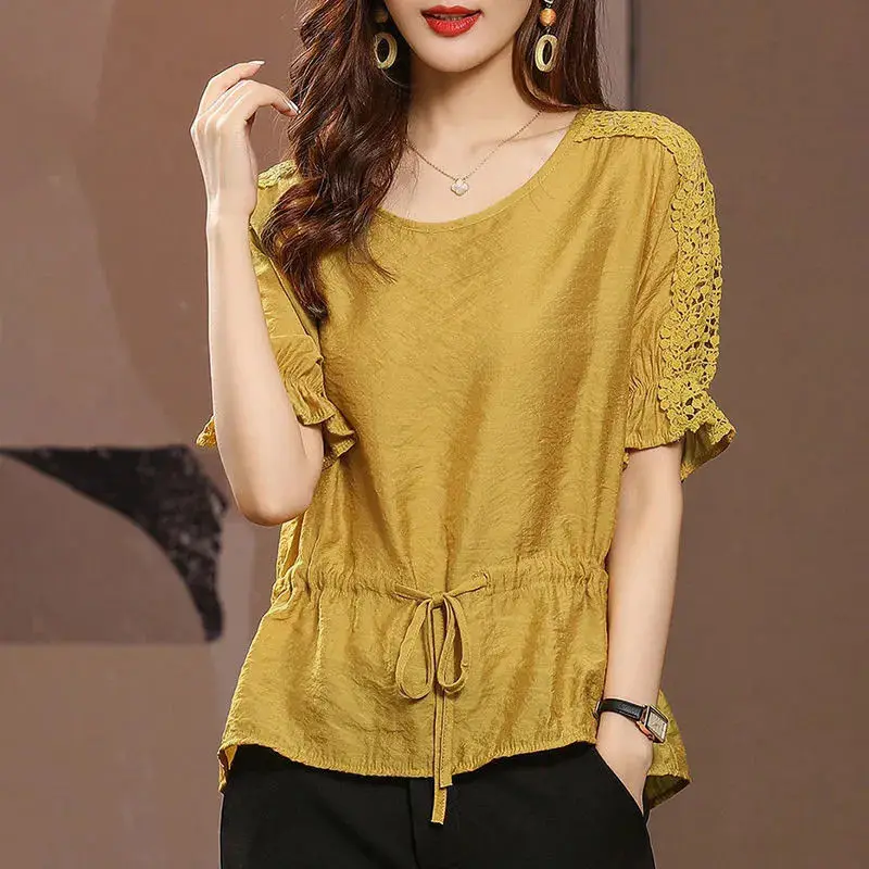 Top Trends: Elegant Lace Hollow Out Spliced O-Neck Bandage Flare Sleeve Loose Blouse Summer Casual Women's Clothing Plus Size Commute Shirt Shoppable Styles