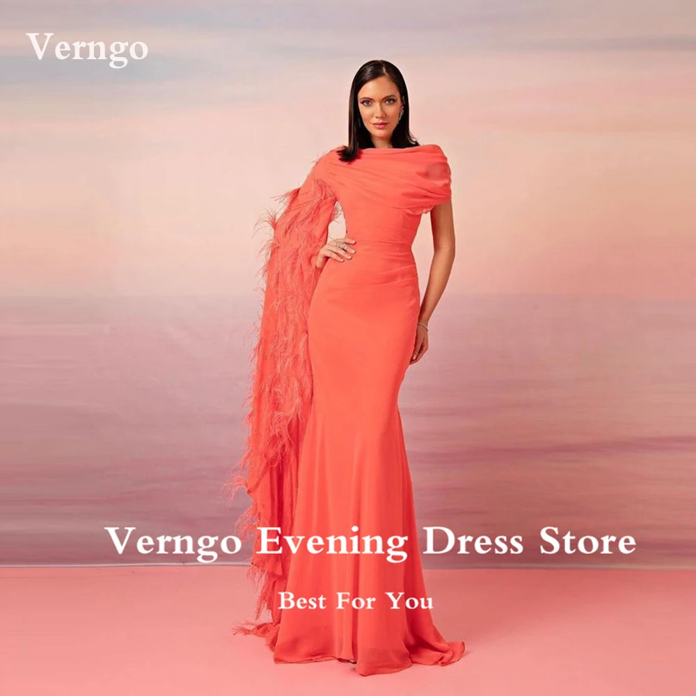 Top Trends: Verngo Blush Orange Chiffon Feathers Mermaid Evening Dresses One Shoulder Long Sleeve Dubai Arabia Women Formal Prom Gowns Shoppable Styles