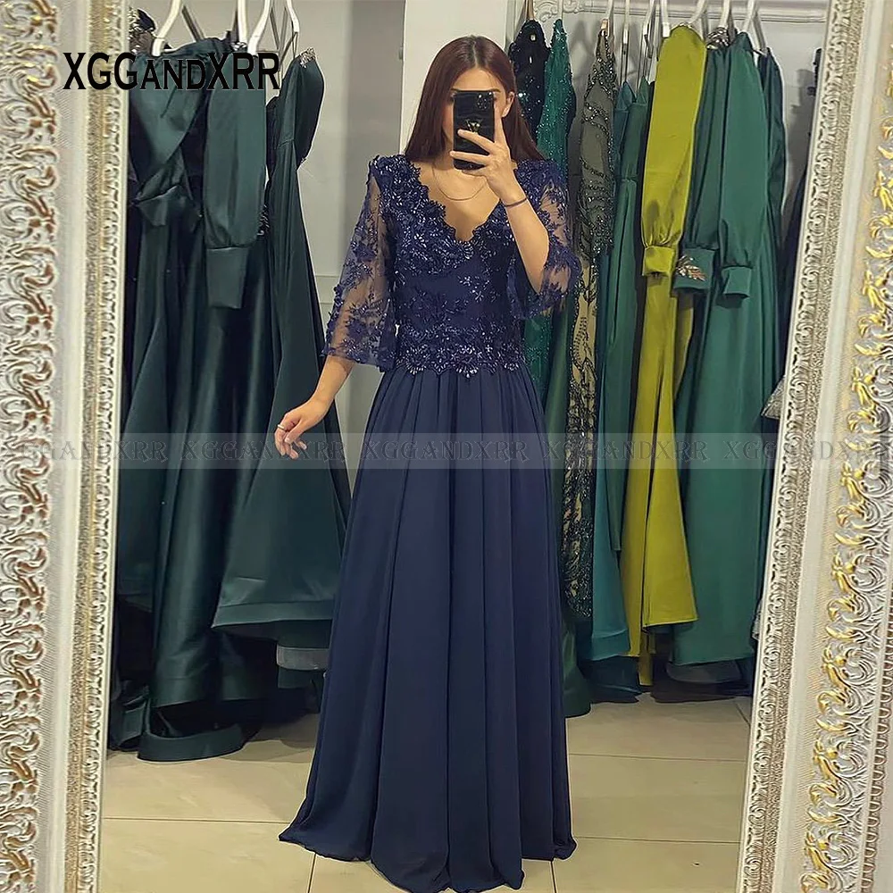 Top Trends: Elegant V Neck Mother Of Bride Dress Navy Blue Chiffon Evening Dress Women For Wedding Party Half Sleeves Beading Lace Applique Shoppable Styles