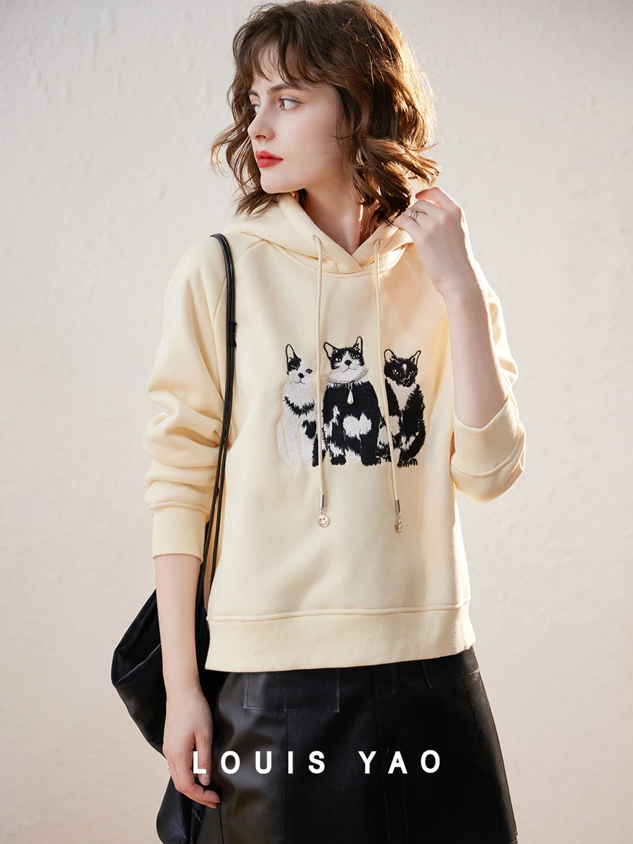 Top Trends: LOUIS YAO Women Hoodies 2023 Winter Plush Long Sleeve Loose Cute Cat Embroidery Drawstring Hooded Pullover Top Women Tops Shoppable Styles