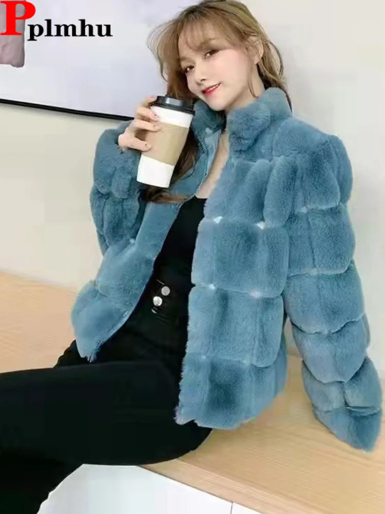 Top Trends: Classics Faux Rabbit Fur Cropped Jackets Korean Trend Plush Women's Coat Stand Collar Slim Casacas Winter Warm Elegant Ceketler Shoppable Styles