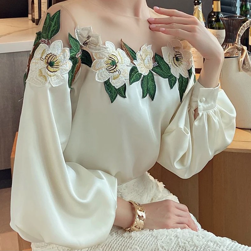 Top Trends: Floral Embroidery Satin Blouse Summer 2023 Women Elegant Mesh Patchwork Off Shoulder Sexy Long Sleeve Fake Silk Blouse Shirt Top Shoppable Styles