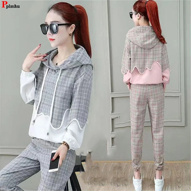 Top Trends: Fall Plaid 2 Pieces Sets Plush Lined Patchwork Hooded Top Conjuntos High Waist Thick Harem Pant Suits Oversize Warm Outfit Shoppable Styles