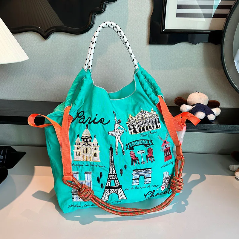 Top Trends: Cartoon Embroidery Shoulder Bag Overlarge Iron Tower Tote Bag Designer Eco Bags For Women Handbags Nylon Recycle Shopper Purses Shoppable Styles