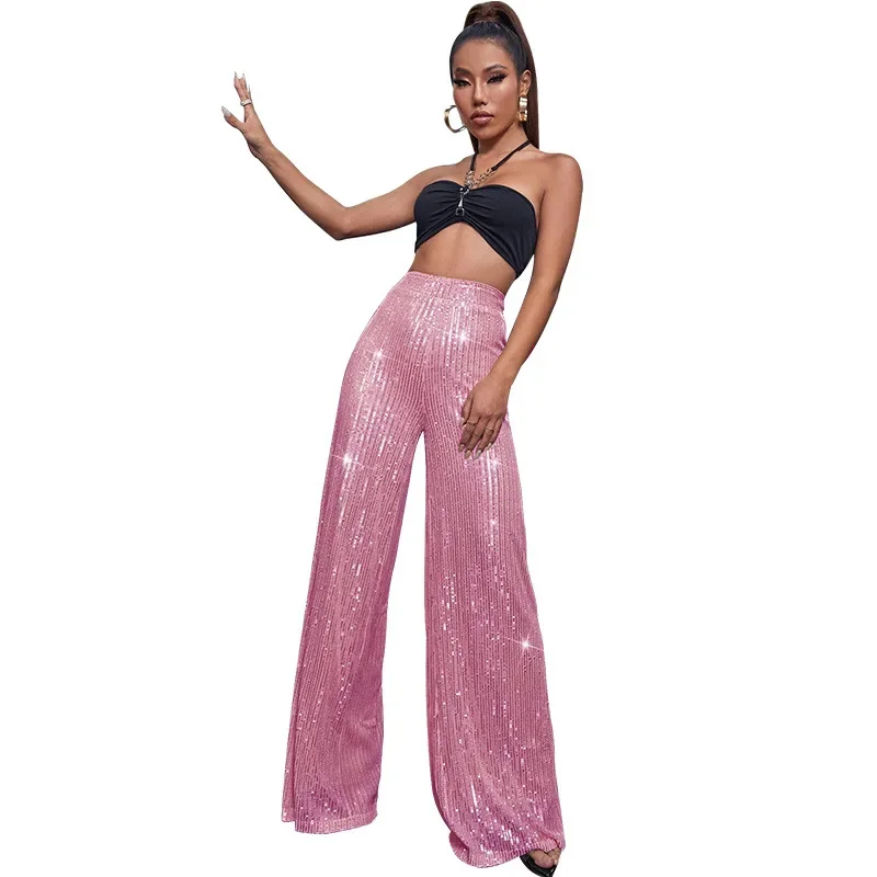 Top Trends: Women Sequin Flare Pants High Waist Sparkle Glitter Wide Leg Loose Pants Trousers Party ClubwearC Champagne Sparkle Streetwear Shoppable Styles - Image 4