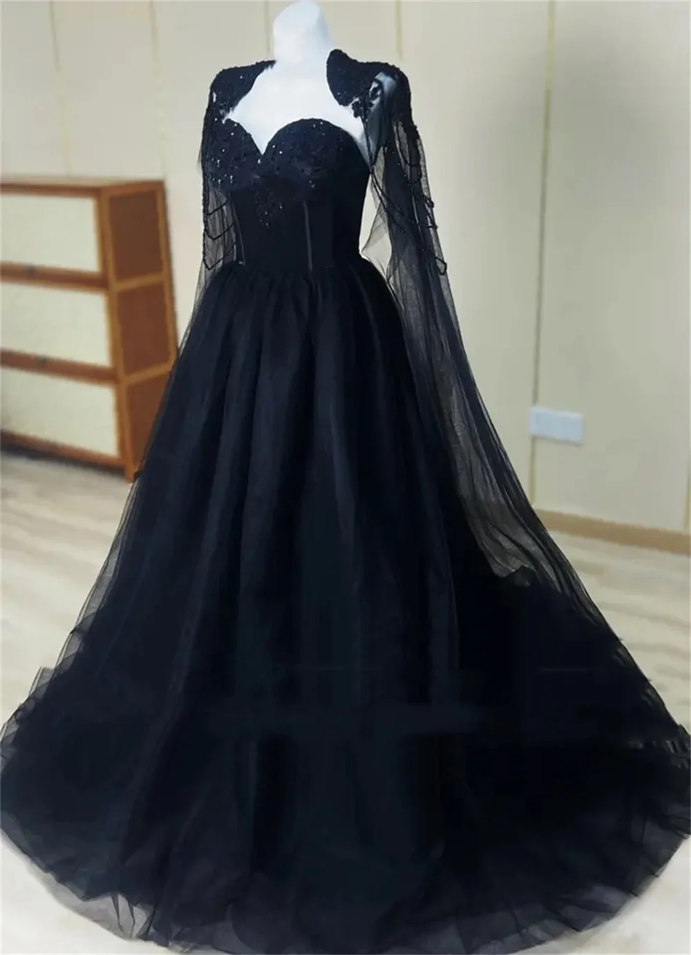 Top Trends: Black Tulle Beads Prom Dresses Detachable Poncho Evening Dress فساتين سهره فاخره 2024Luxurious A-Line Formal Occasion PartyDress Shoppable Styles - Image 3