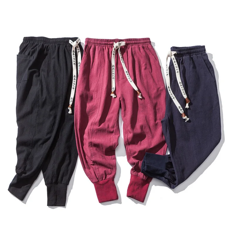 Top Trends: Spring Cotton Linen Harem Pants Men Solid Elastic Waist Streetwear Joggers 2023 New Baggy Drop-crotch Pants Casual Trousers Men Shoppable Styles