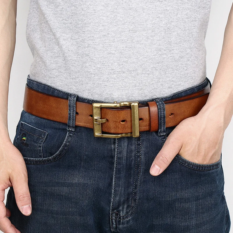 Top Trends: Thick Cowhide Copper Buckle Genuine Leather Casual Jeans Belt Men High Quality Retro Luxury Male Strap Designer Leather Belts Shoppable Styles - Image 2