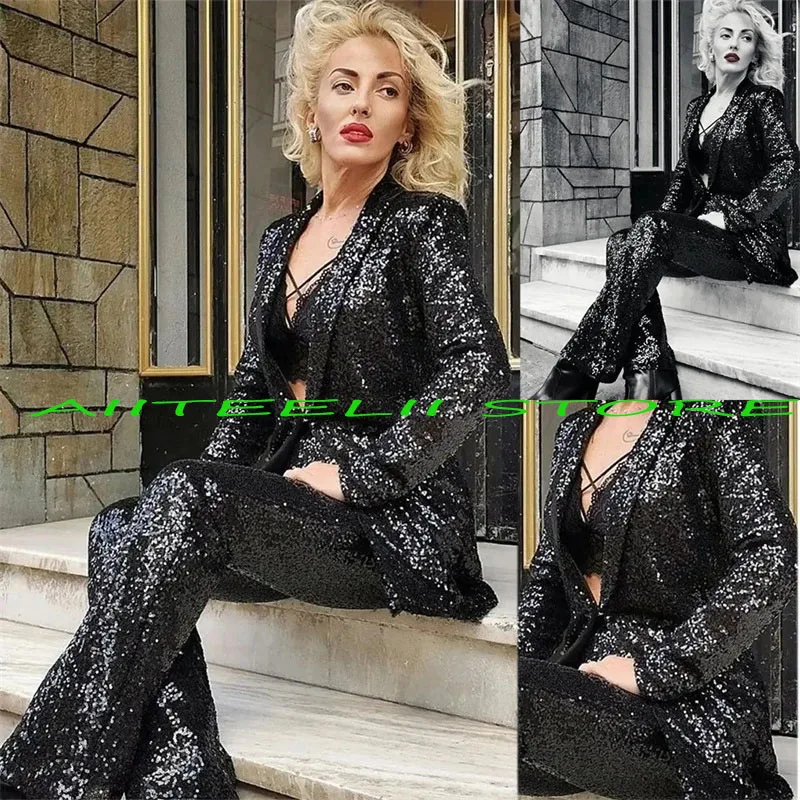 Top Trends: Women&#039;s 2 Piece Suit Sequin Wedding Party Dress Formal Stage Blazer Fashion Pants Set блестящий костюм Shoppable Styles