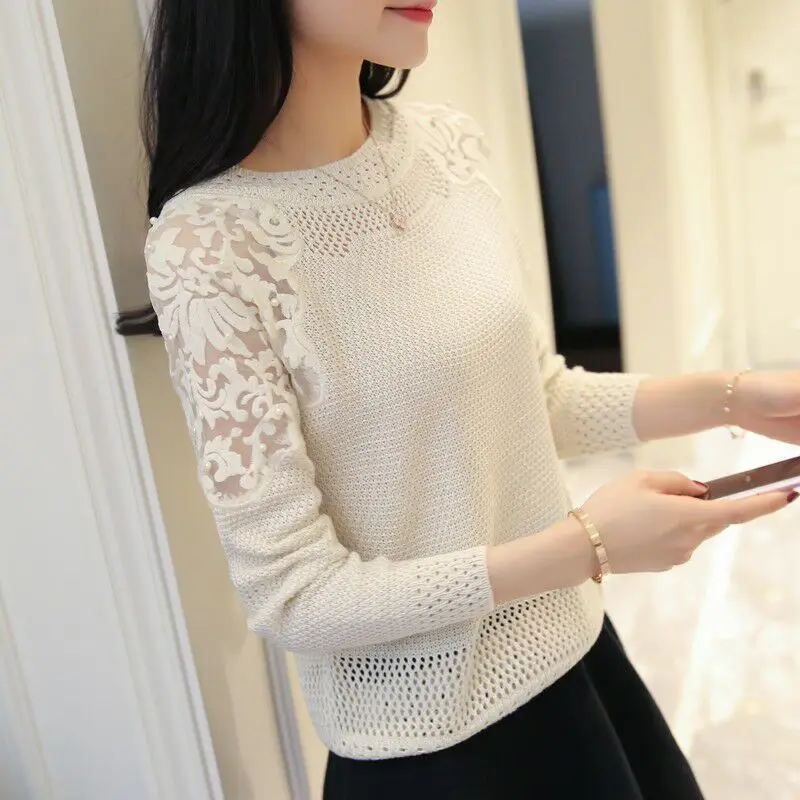 Top Trends: Spring And Autumn Women&#039;s Pullover Round Neck Hollow Knitted Lace Mesh Beaded Sweater Loose Bottom Fashion Long Sleeve Tops Shoppable Styles