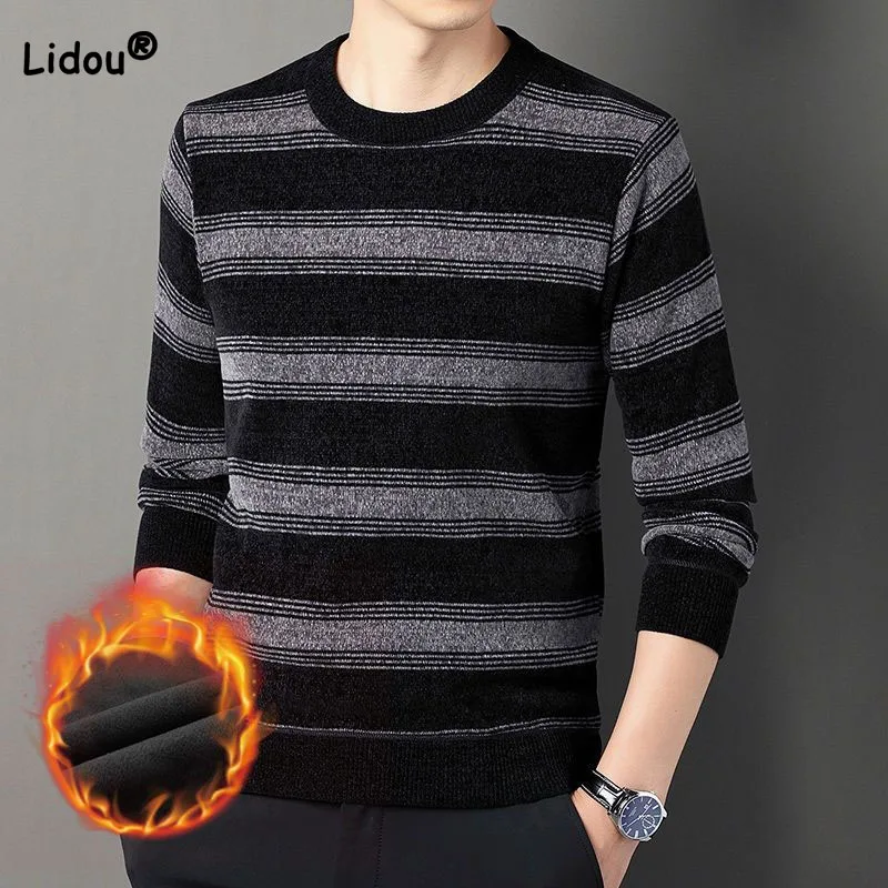 Top Trends: Fashionable Striped Plus Fleece Sweaters Autumn Winter Male Clothes Classic Comfortable Round Neck Long Sleeve Knitted Pullovers Shoppable Styles