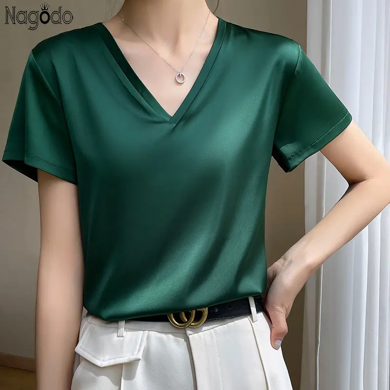 Top Trends: 2023 Summer V-neck Basic Solid Causal Women's T-Shirts Short Sleeve Tees Tops Satin Silk Blouses Elegant Office Lady Thin Shirts Shoppable Styles