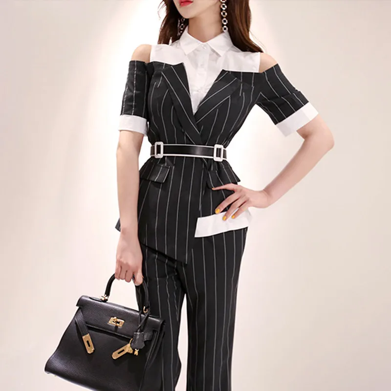 Top Trends: Long Pants OL Work Set 2023 Women Single Breasted Two-piece Set Stripe Notched Suits Top Female Blazer Jacket Pant Blazer Women Shoppable Styles