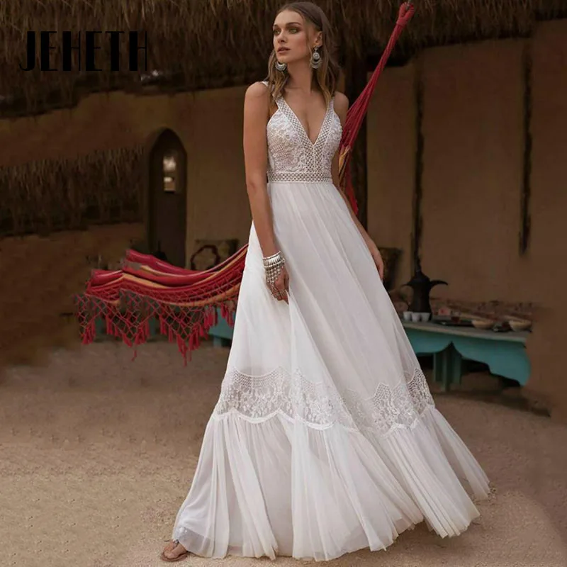 Top Trends: JEHETH Boho V Neck Beach A-line Wedding Dresses 2023 Elegant Sleeveless Chiffon Lace Backless Bridal Gown Custom Made Shoppable Styles