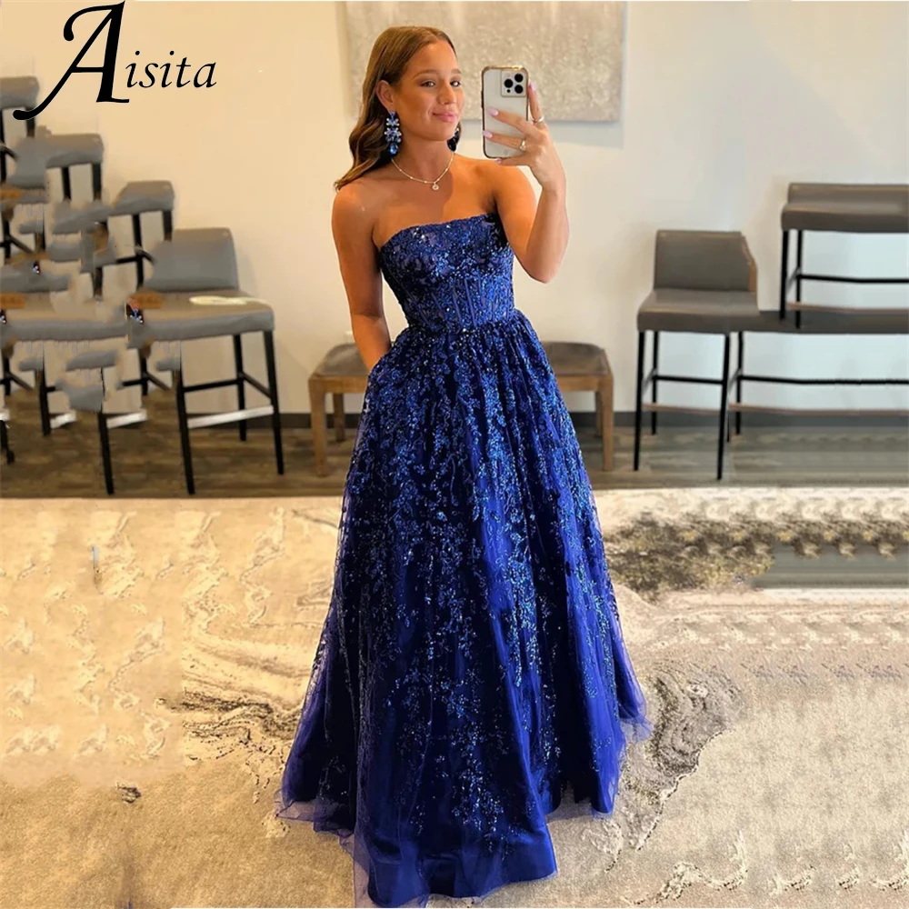 Top Trends: Glitter Sequin Prom Dresse Strapless Sleeveless Lace Embroid Prom Gown Scoop A-Line Formal Party Dress فساتين مناسبة رسمية Shoppable Styles - Image 4