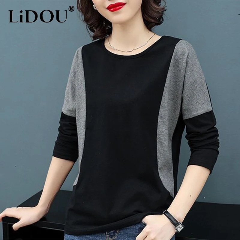 Top Trends: Spring Autumn Round Neck Oversized Patchwork T-shirt Ladies Casual Fashion Pure Cotton Tee Women's Pullover Top Female Clothes Shoppable Styles