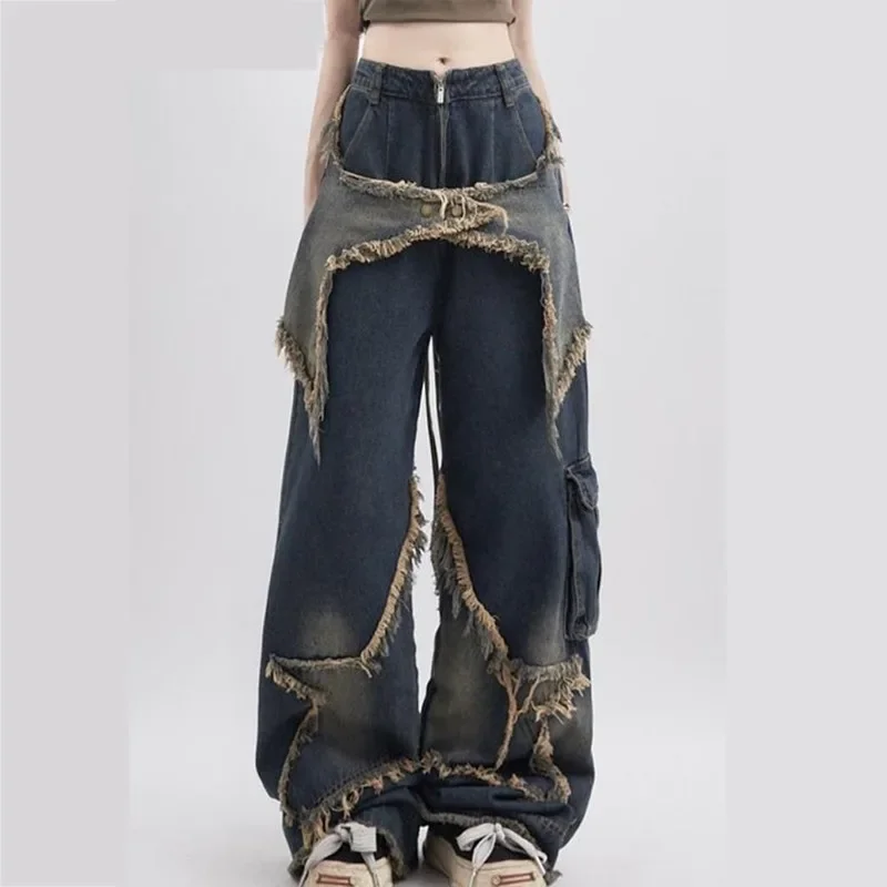 Top Trends: Cargo Jeans Pants Women Street Loose Oversize Panelled Pentacle Raw Hem Pant Vintage Blue Hip Hop Female Denim Trousers Shoppable Styles