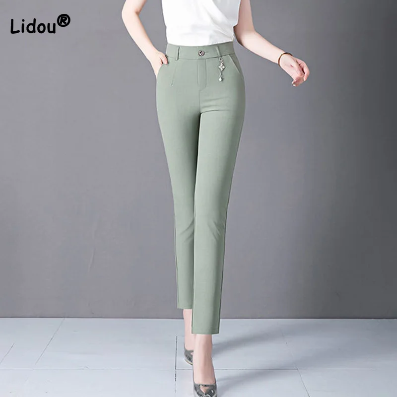 Top Trends: Cotton Linen New Spring Summer Button Patchwork Pockets Trousers Zipper Solid Color Decoration Casual Nine Points Straight Pants Shoppable Styles