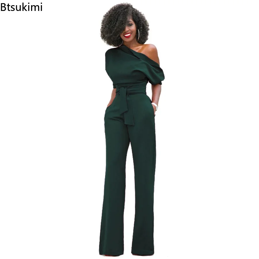 Top Trends: 2024 Spring Autumn Casual Jumpsuit Women Elegant One Shoulder Slash Neck Romper Overalls Full Length Jumpsuit Wide Legs Jumpsuit Shoppable Styles - Image 6