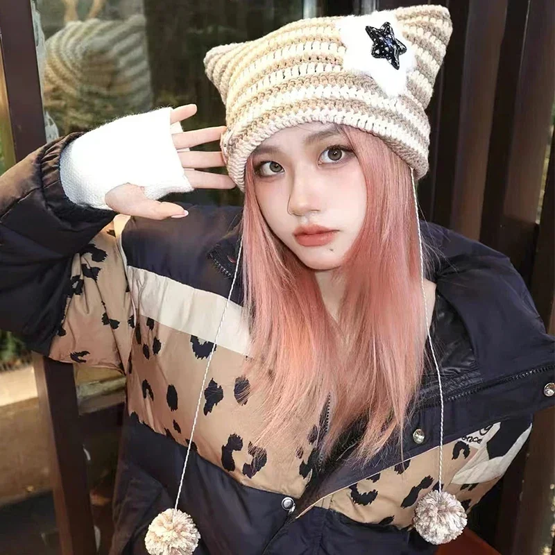 Top Trends: Y2K Beanie Hat Ins Devil Ear Striped Knitted Wool Cap Autumn Winter Pentagram Cute Cat Ears Pointed Pullover Women's Hats Shoppable Styles - Image 3