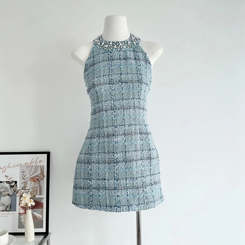 Top Trends: Small Fragrance Fashion Beads Tweed Sexy Slim Halter Sleeveless Bodycorn Dress Korean Elegant Slim Waist Mini Dresses 2023 New Shoppable Styles