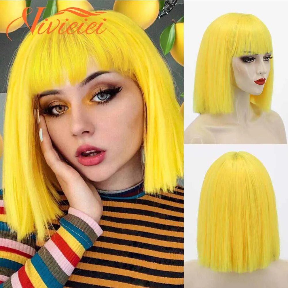 Top Trends: Yellow Bob Wig With Bangs 12 Inch Short Synthetic Fiber Bob Wigs For Women Short Bob Wigs Cosplay Bob Wig With One Cap VIVIEIEI Shoppable Styles