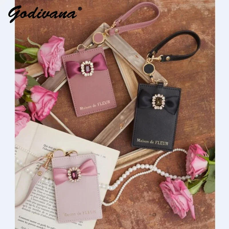 Top Trends: Japanese Style Cute Bow Rhinestone Card Bag Work Permit Bus Bank Card Door Card Holders Student Female Cute Leather Card Holder Shoppable Styles