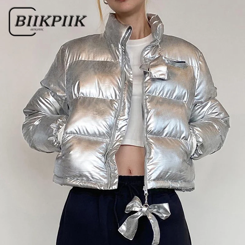 Top Trends: BIIKPIIK Casual Bow Glossy Puffer For Women Fashion Zipper Turtleneck Wadded Jacket New Autumn Winter Concise All-match Outfits Shoppable Styles