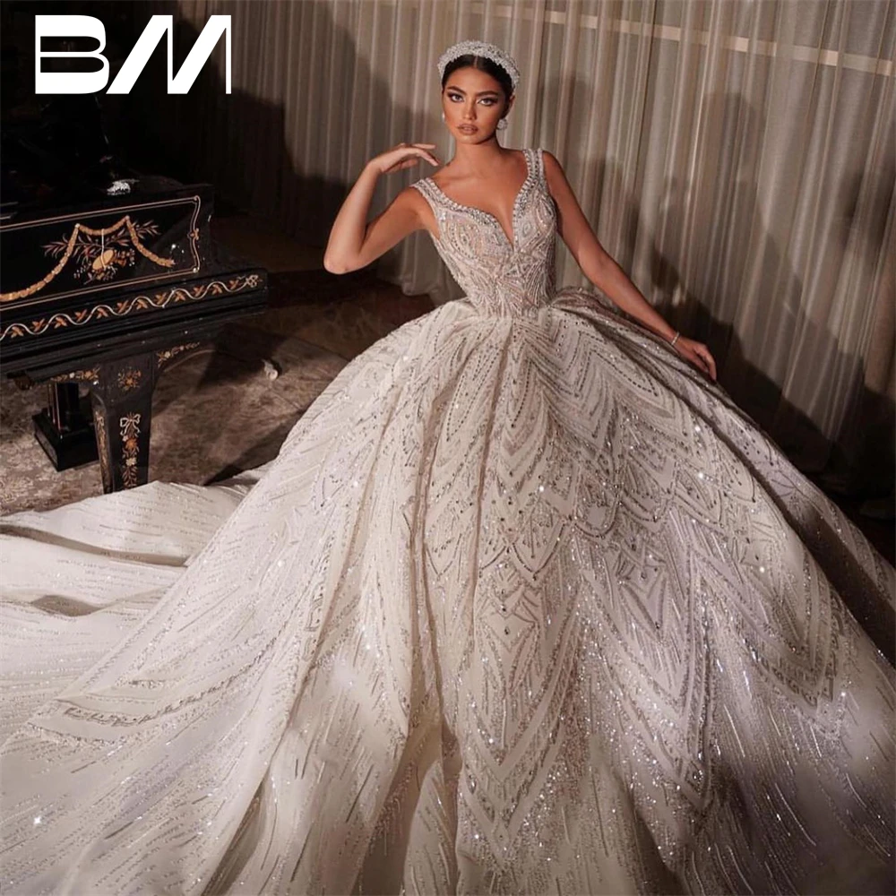 Top Trends: Embroidery Beaded Ball Gown For Wedding V-Neck Crystals Handsewn Bride Dresses With Chapel Train Bridal Gown Vestidos De Novia Shoppable Styles