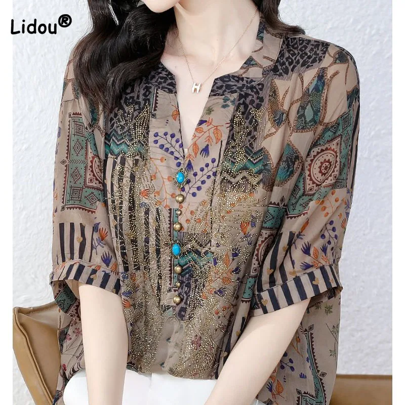 Top Trends: Vintage Casual Printing V-Neck Shirt For Women Summer Loose All-match Short Sleeve Diamonds Spliced Blouse Women&#039;s Clothing Shoppable Styles