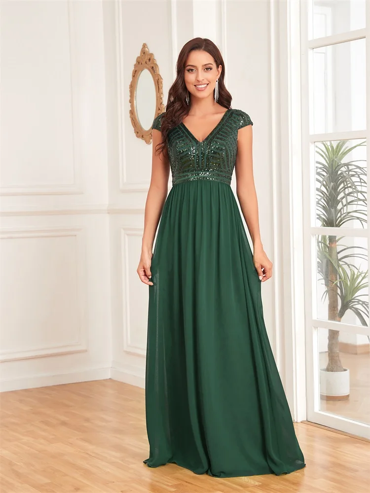 Top Trends: XUIBOL Elegant Sequins Green Evening Dress Women V Neck Wedding Party Graduation Prom For Chiffon Cocktail Floor Lenght Gowns Shoppable Styles