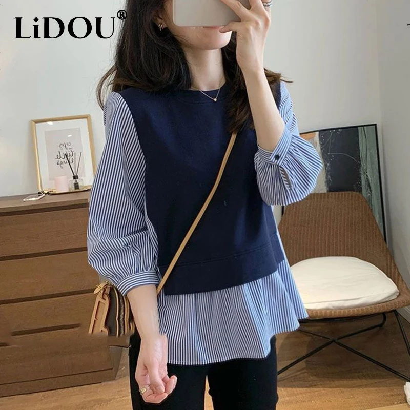 Top Trends: Autumn Winter Round Neck Striped Patchwork Loose Casual Sweatshirt Top Women 3 / 4 Sleeve Jumper All-match Pullover Female Clothes Shoppable Styles