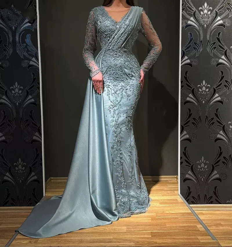 Top Trends: Unique Arabic Evening Dresses Lace Mermaid Long Sleeves Side Train Beads Gorgeous Formal Prom Gowns Met Gala Night Party Robe Shoppable Styles